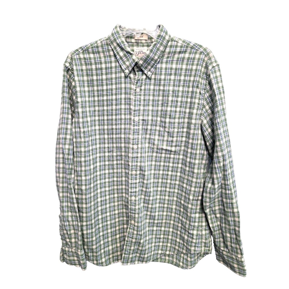 J. Crew Slim Fit‎ Cotton Linen Twill Shirt Mens Lg Green Blue Plaid Button Down